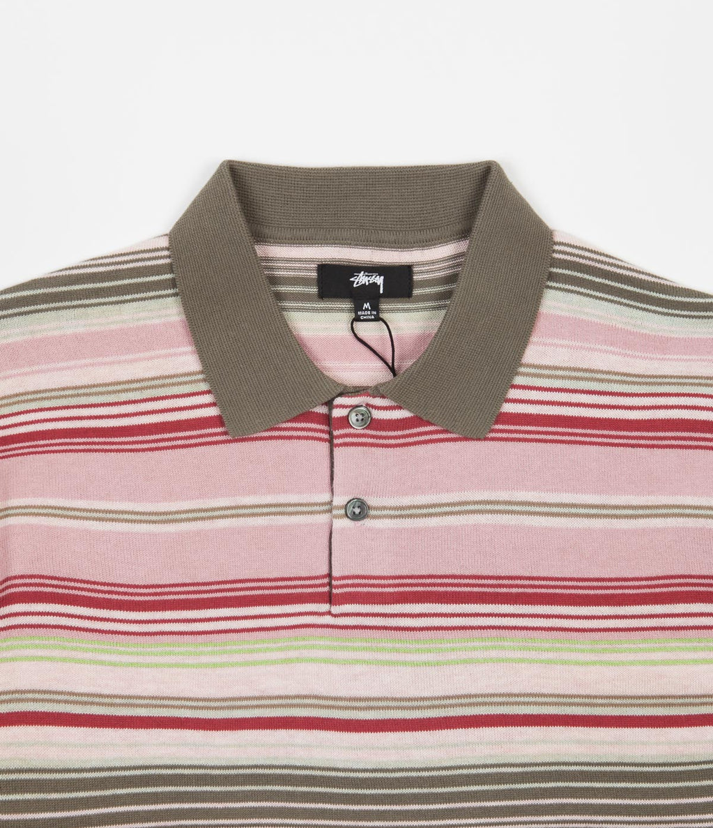 Stussy Stripe Knit Polo Shirt - Olive | Flatspot