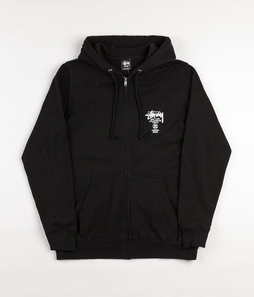 Stussy World Tour Zip Hooded Sweatshirt - Black | Flatspot