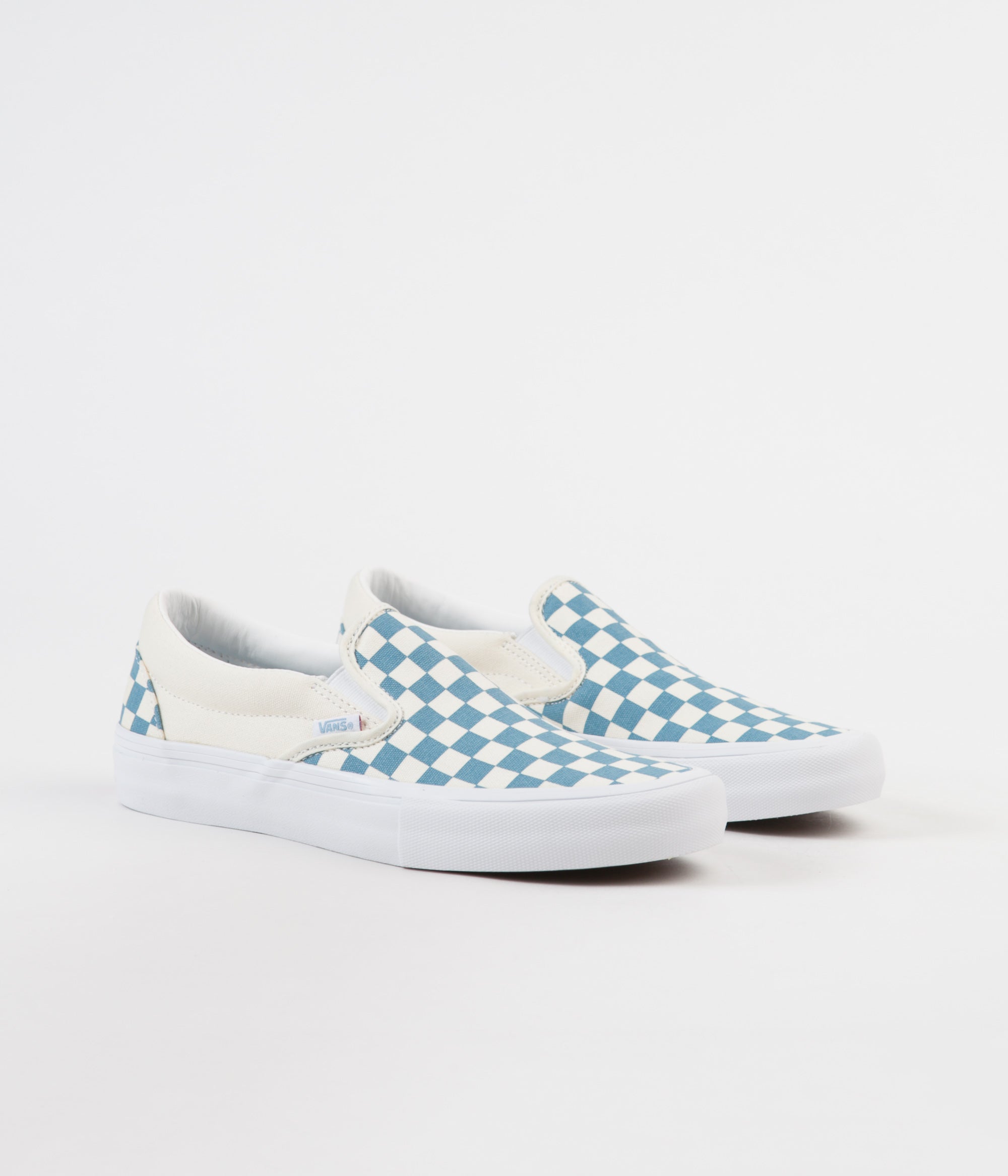 light blue vans with checkerboard stripe