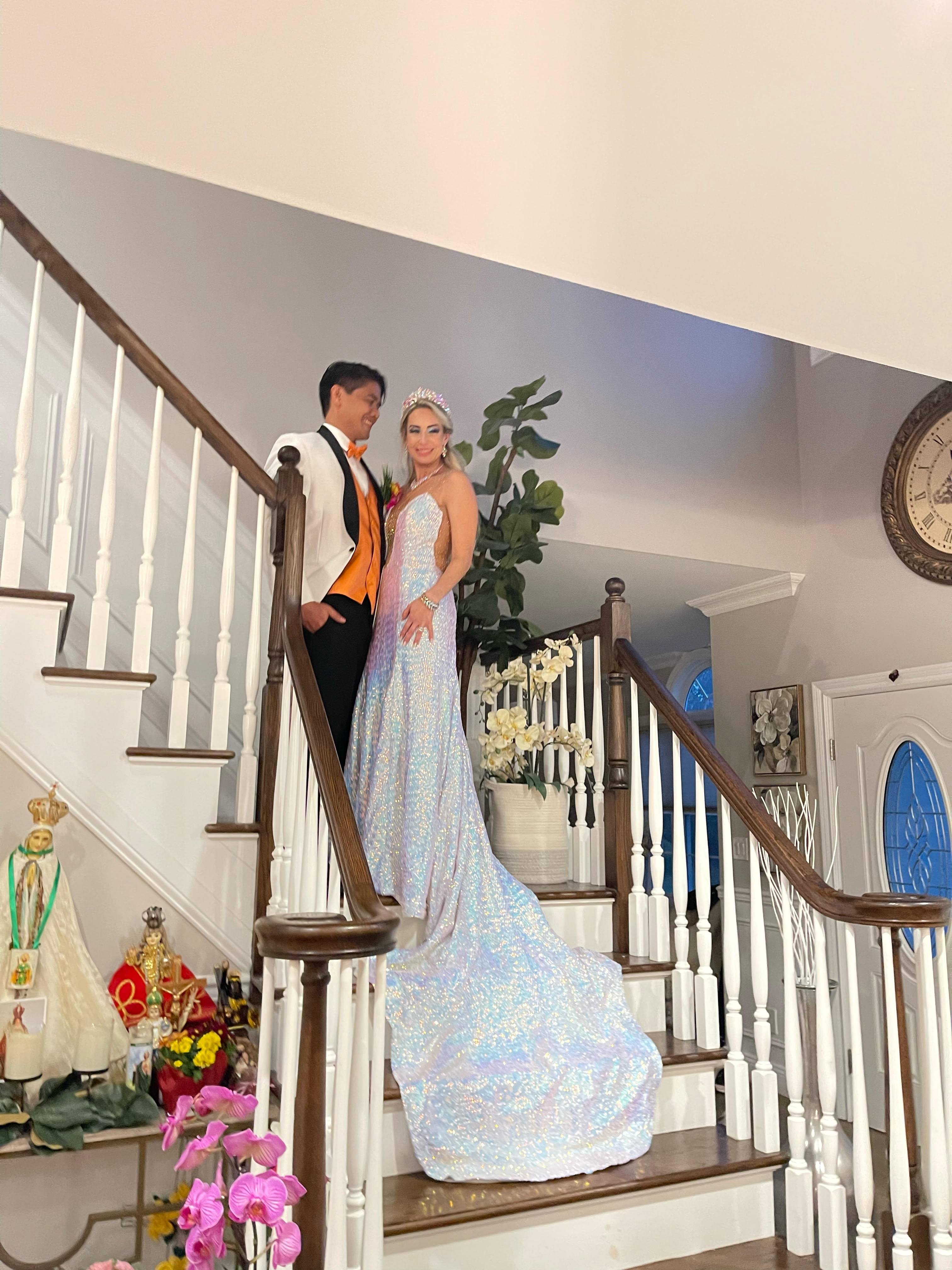 Blue Sequin Wedding Dress Illusion Mesh Rhinestones