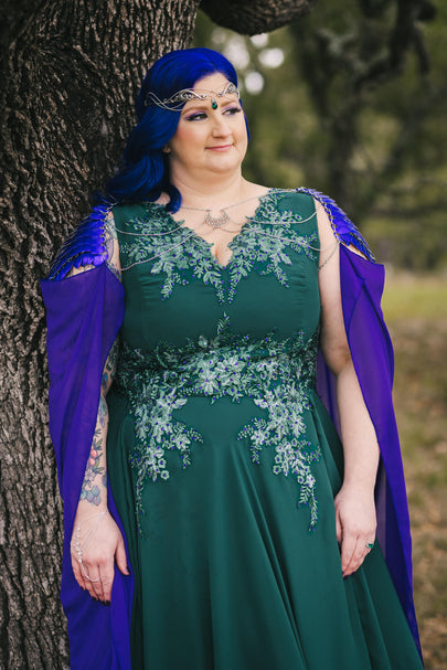 Green Chiffon Wedding Dress with Lace on Horse