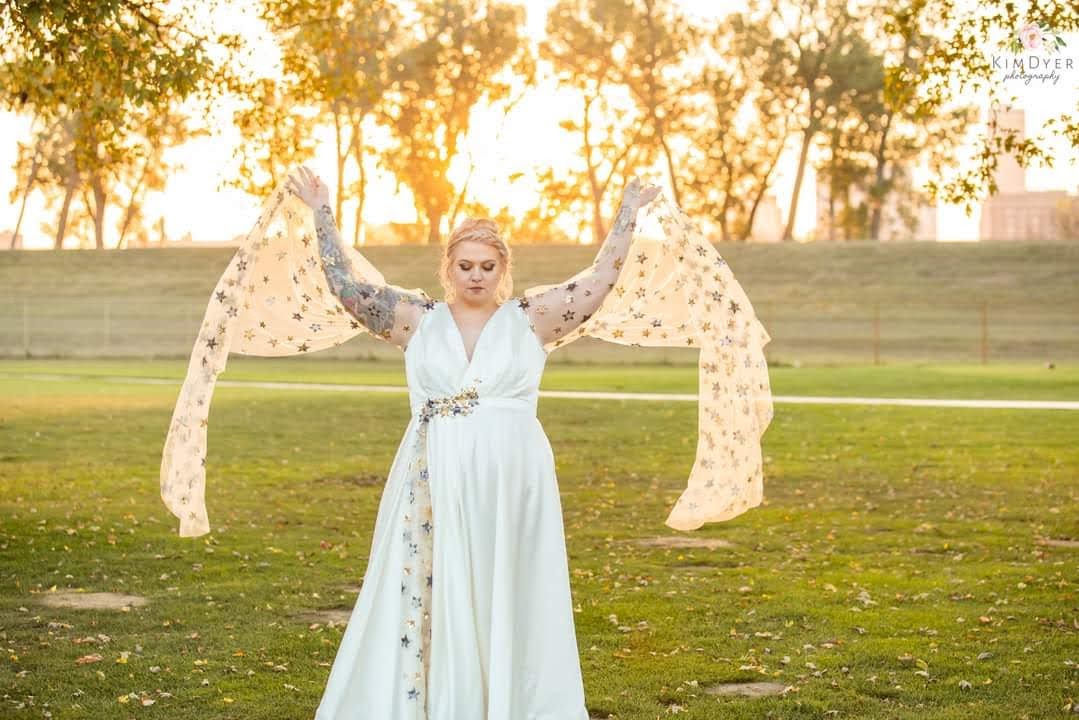 Ivory celestial Satin Wedding Dress with Slit and Sleeves