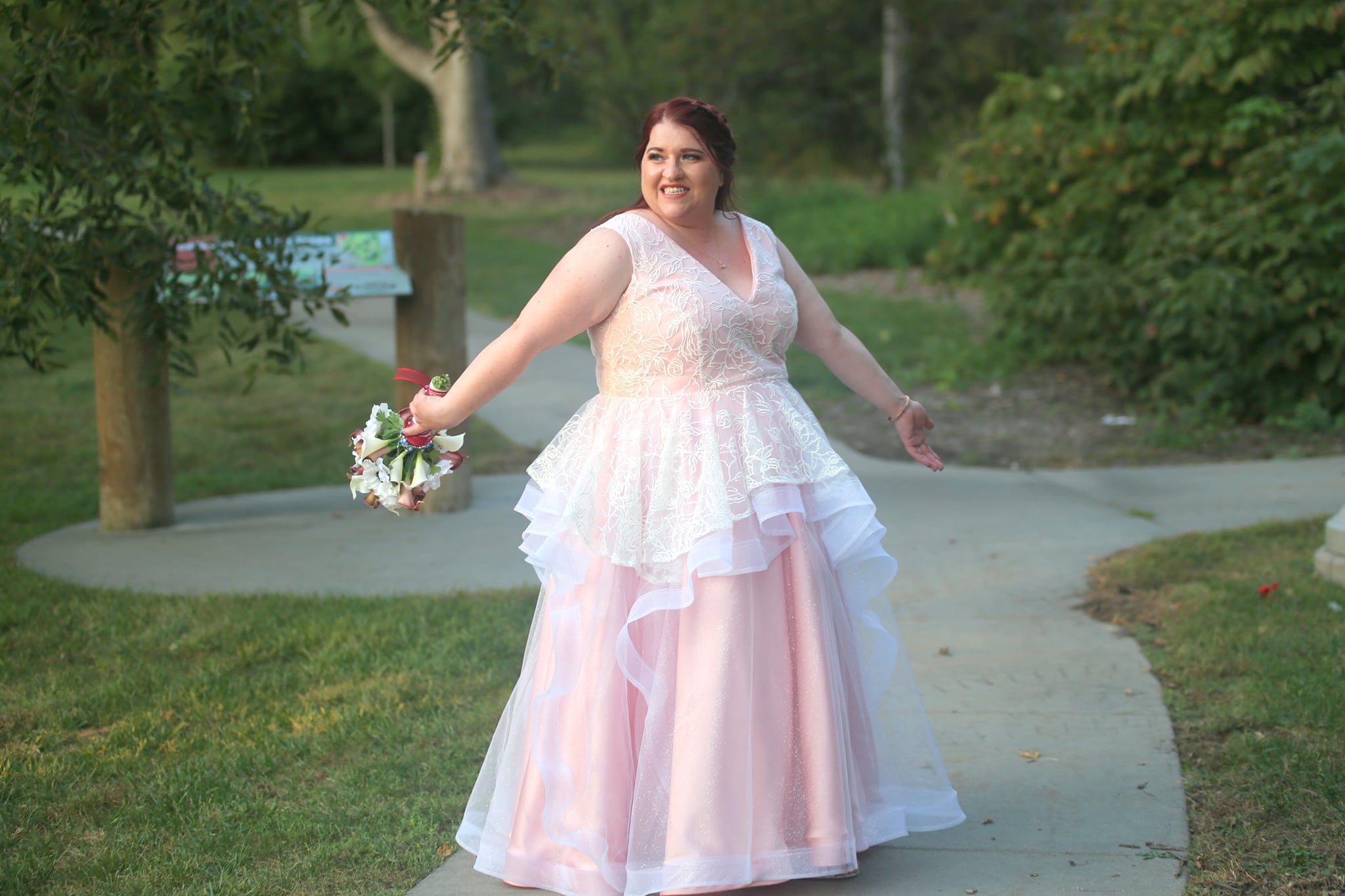 Pink Ruffled Tulle Wedding Dress with Lace