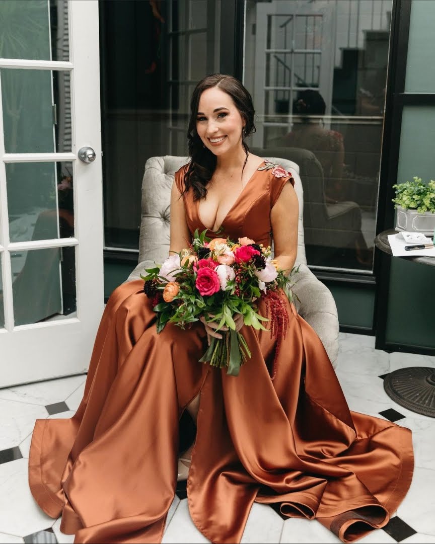 Rust Satin Wedding Dress with Illusion Mesh Lace