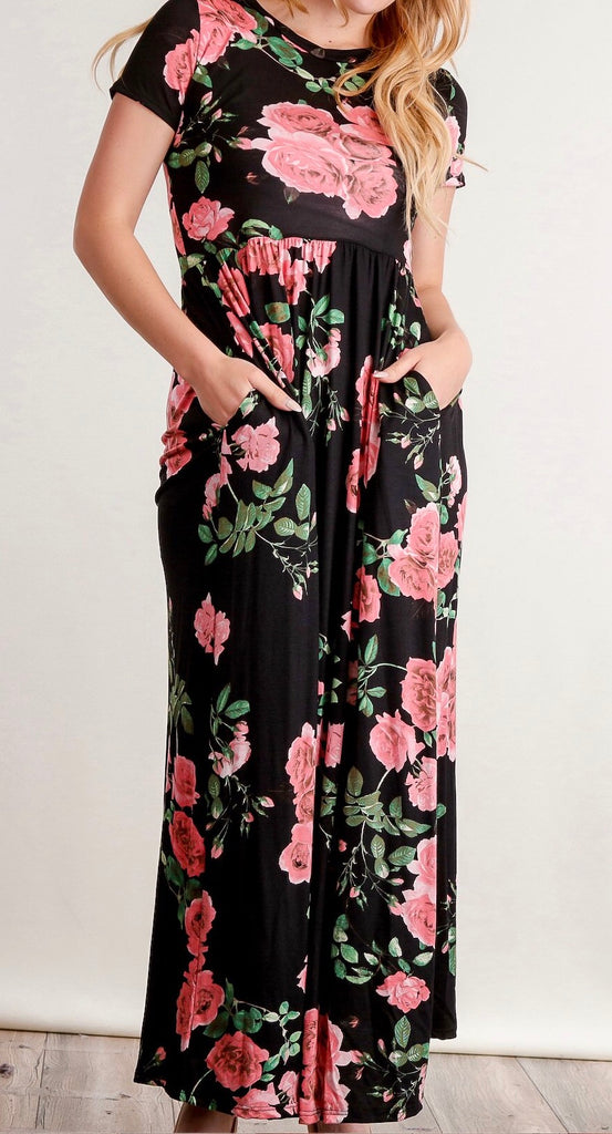 black and pink floral maxi dress