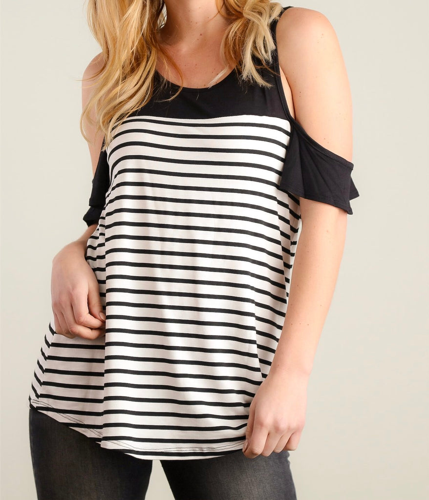 black and white striped cold shoulder top