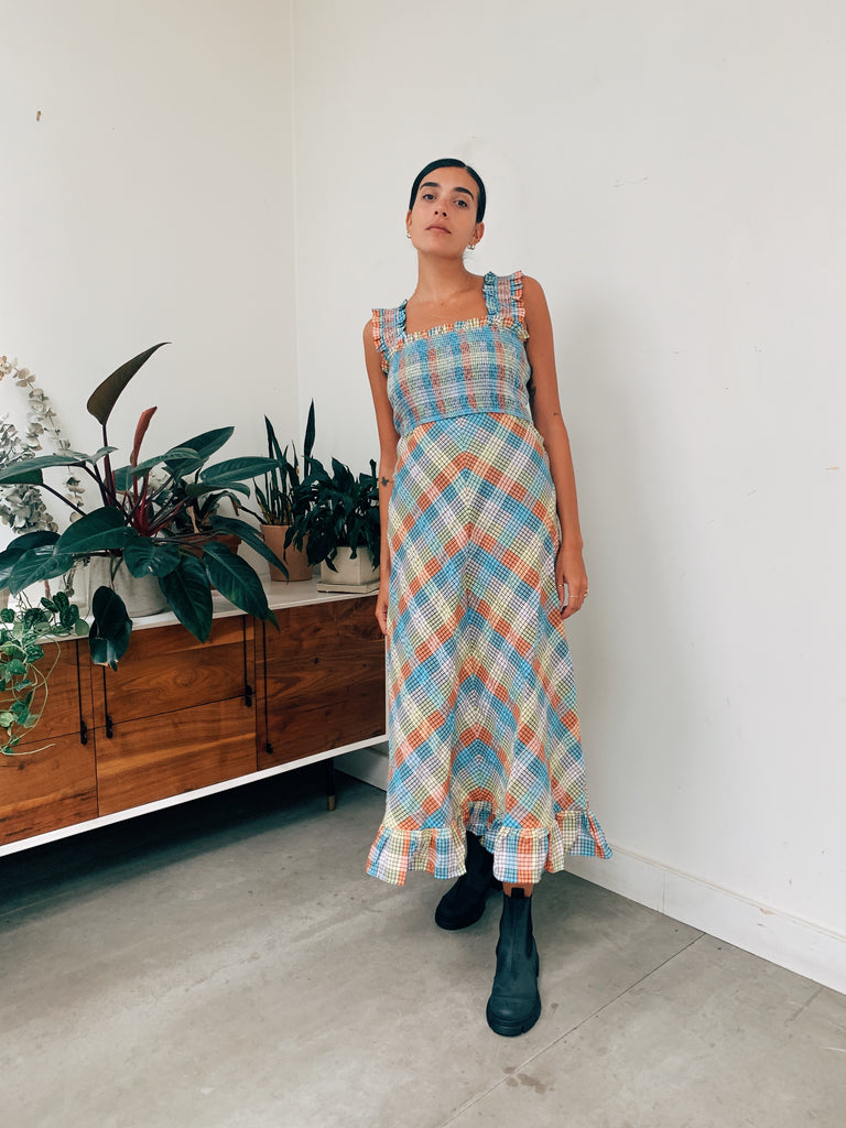 ganni seersucker check maxi dress