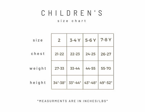June Loop Swimwear Children's size chart