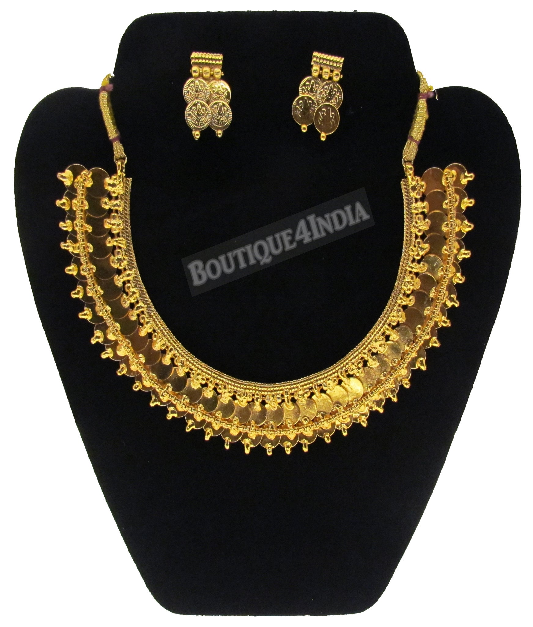 Two layered coin ginni gold plated temple antique necklace earring set ...