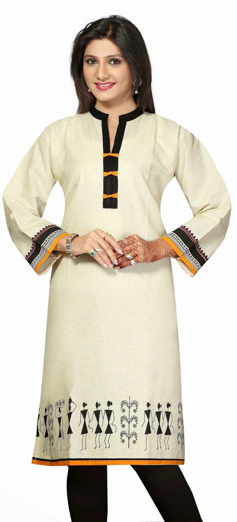 Off white Long Khadi kurti in Black and Yellow pippin and printed ...