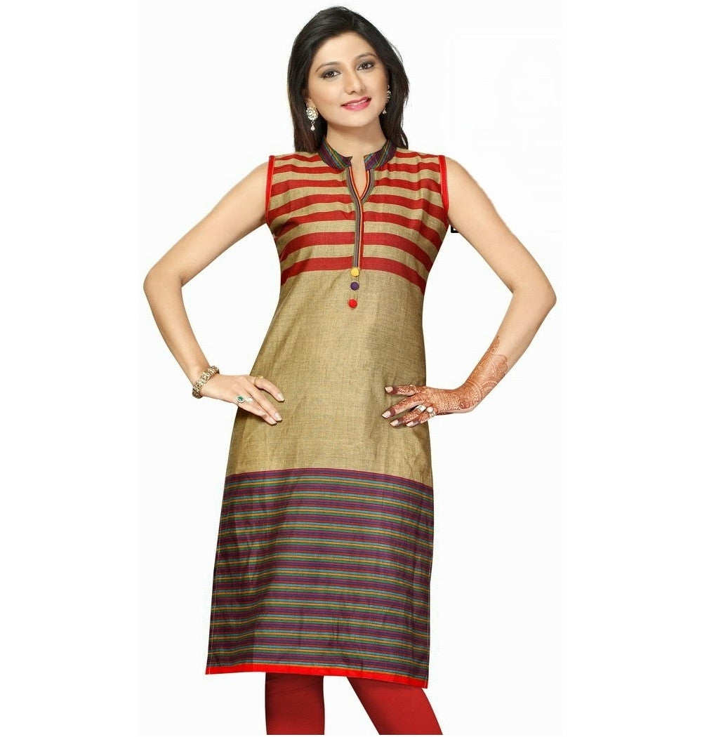 Golden and Maroon two tone color round neck Cotton Silk kurti ...