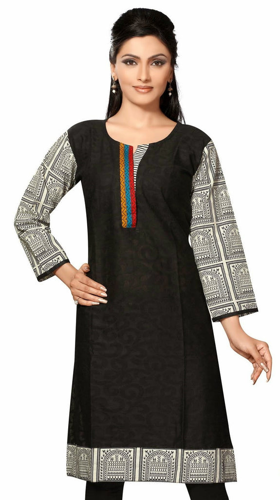 Black Cotton Jacquard 3/4th sleeves Kurti with multi color neck ...