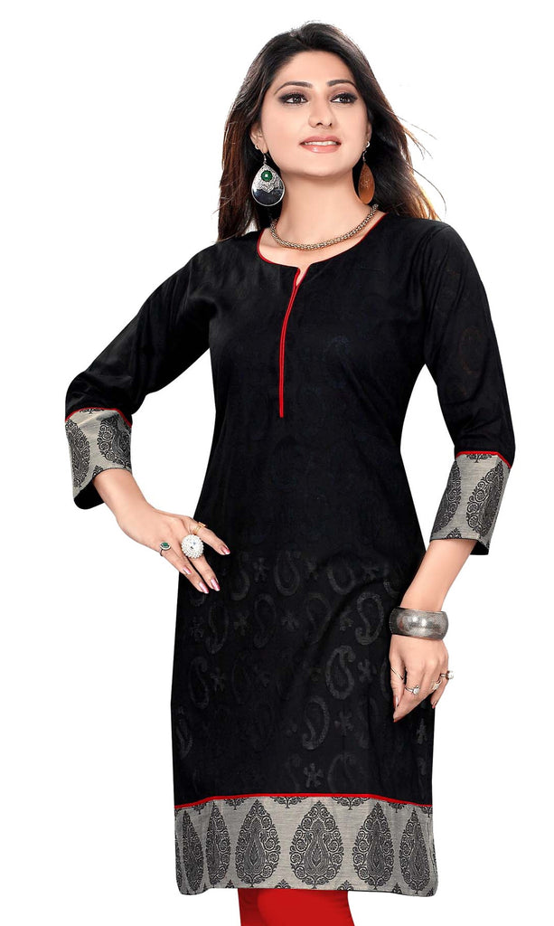 Cotton Jacquard fabric round neck 3/4th sleeves kurti with grey printe ...