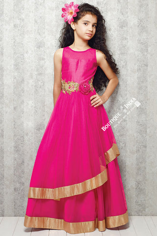 Girl's - Green With Golden Casual Gown/Dress - Gilr's Casual And Party ...