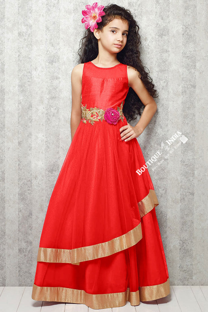 Girl's - Red With Golden Casual Gown/Dress - Gilr's Casual And Party C ...