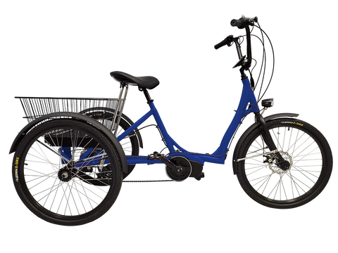 With a large wired rear basket, the electric step-through trike would be ideal for a small order of food at a grocery store.