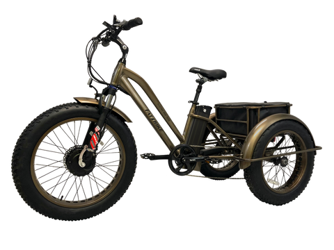 This electric Fat Trike has a large rear basket with a 33 liter drybag that could securely hold grocery items.