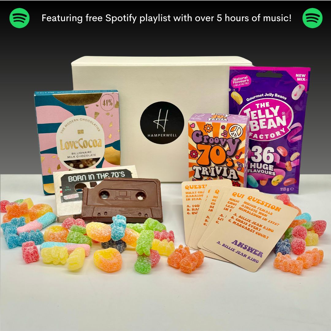 Groovy 70’s treatbox Gift Hamper with Quiz, Edible Cassette & Playlist