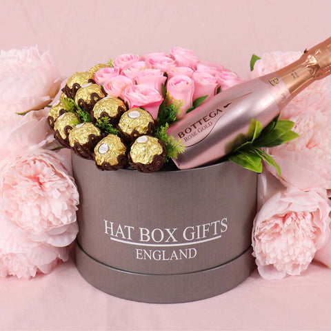 Large Hat Box with Pink Roses, Rose Gold Prosecco & Ferrero Rocher Chocolates