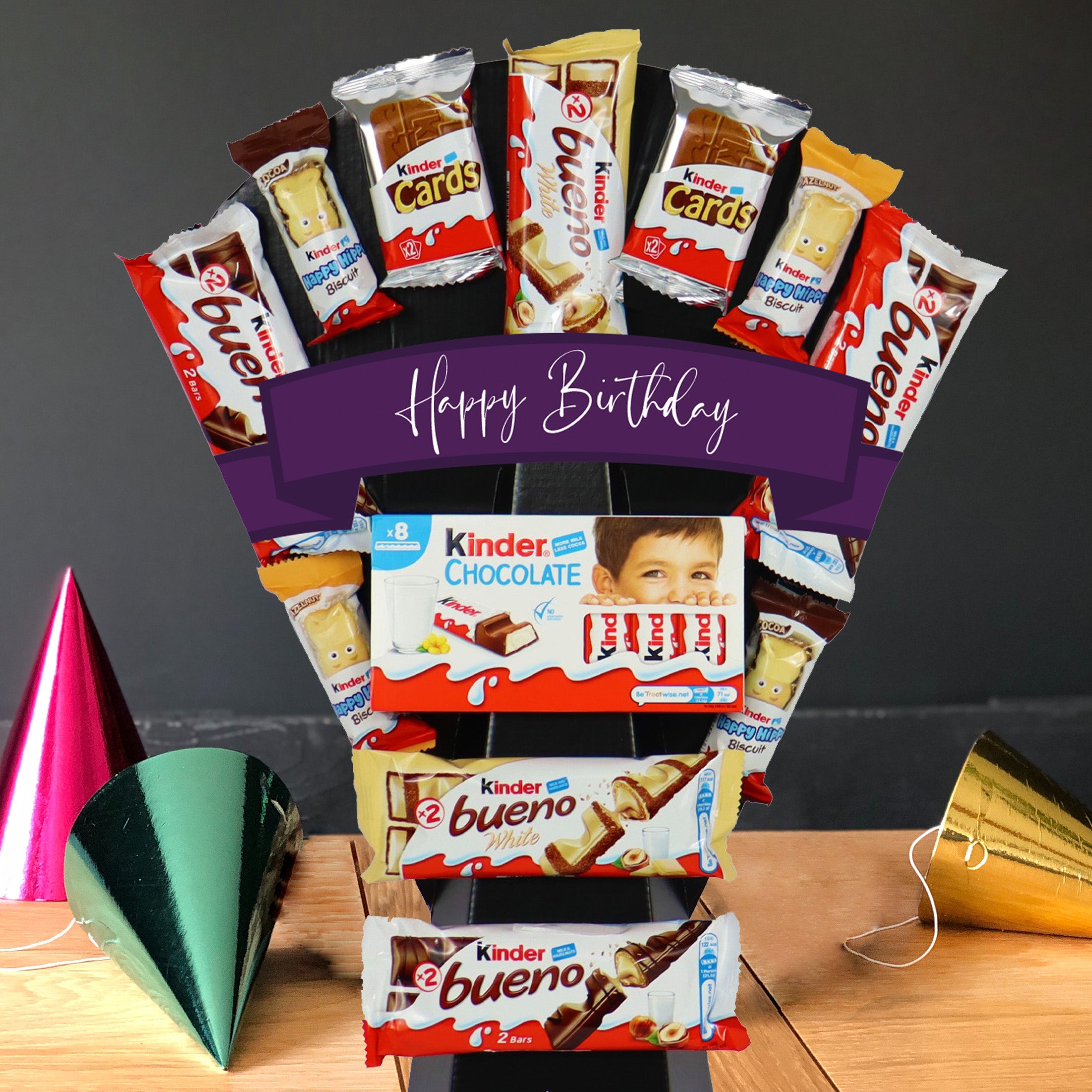 Large Kinder Happy Birthday Chocolate Bouquet With Bueno, Cards, Happy Hippos & More - Perfect Birthday Gift