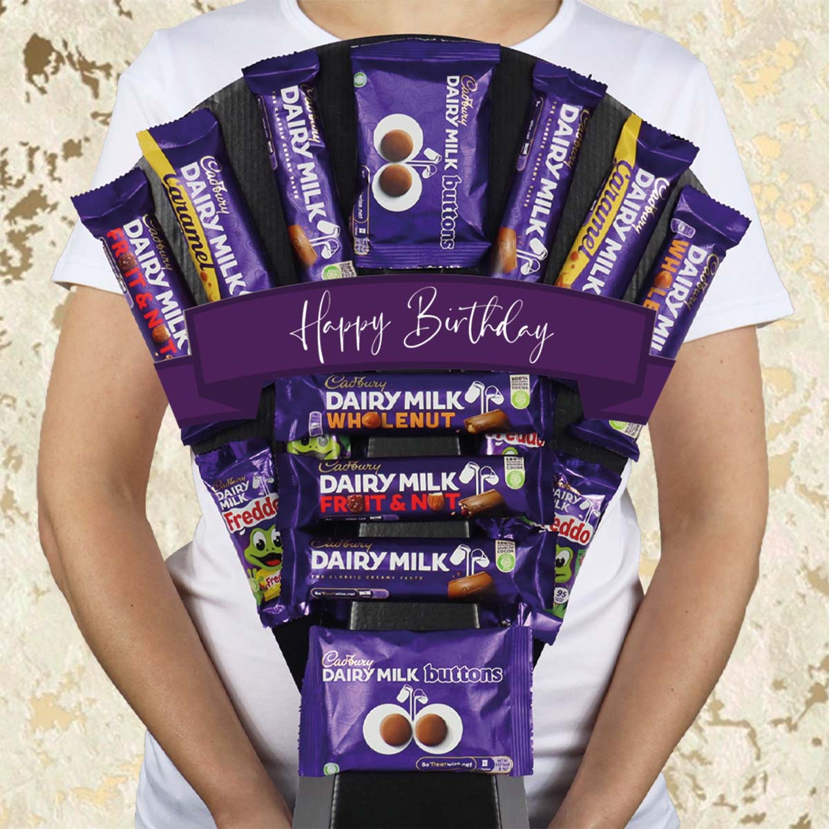 Large Dairy Milk Selection Happy Birthday Chocolate Bouquet With Buttons, Whole Nut, Caramel, Fruit & Nut & More - Gift Hamper Box by HamperWell