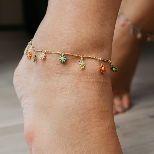 Colourful Rainbow Sun Flower Dangle Charms Indie Boho Daisy Summer Anklet