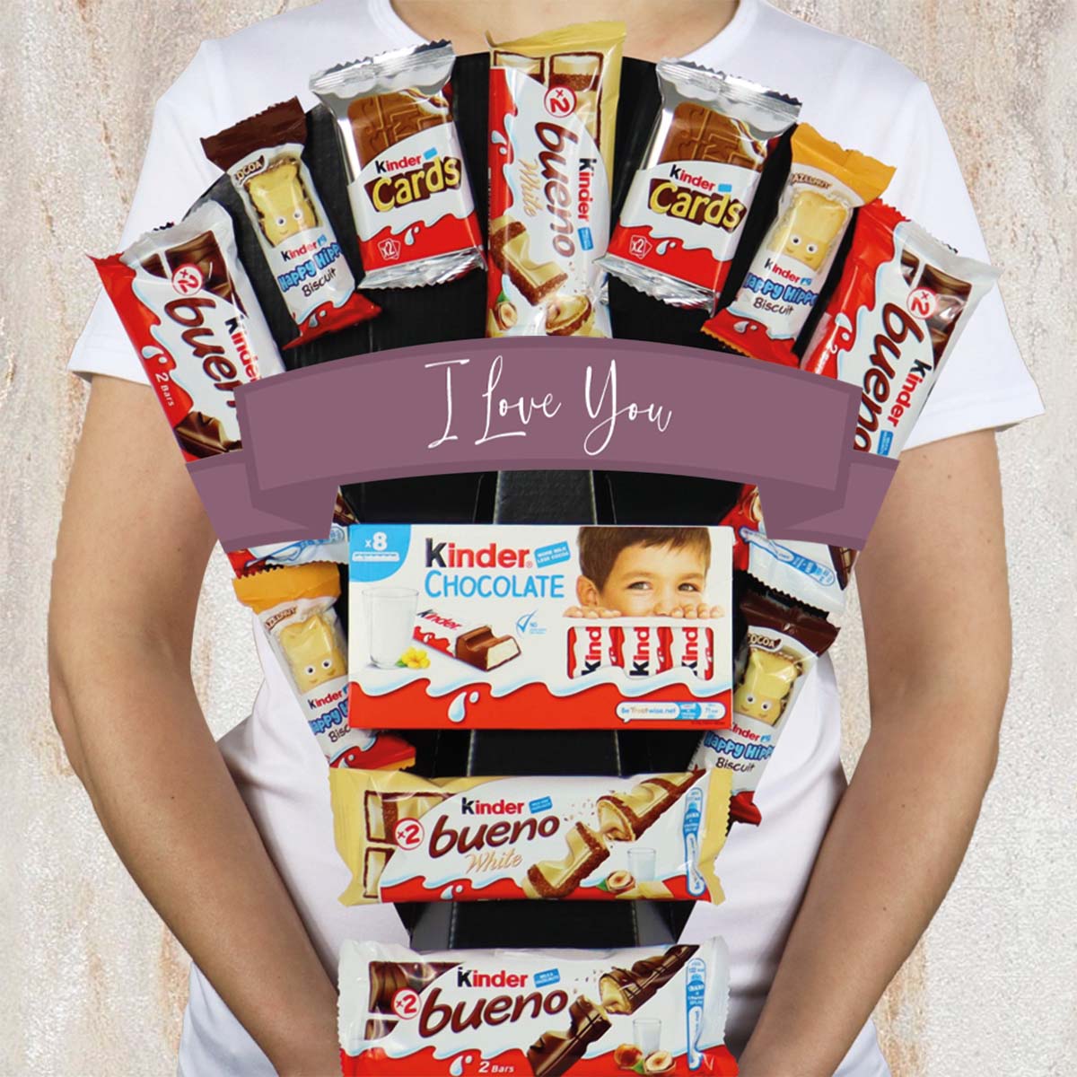 Large Kinder I Love You Chocolate Bouquet with Bueno, Cards, Happy Hippos - Gift Hamper Box by HamperWell