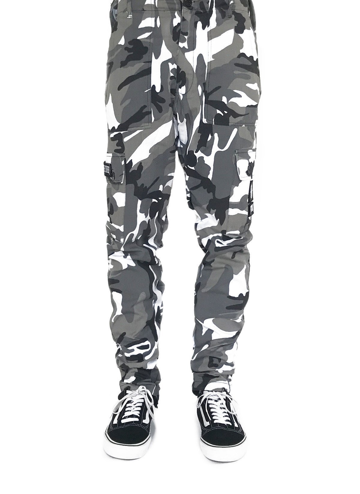 grey and white cargo pants