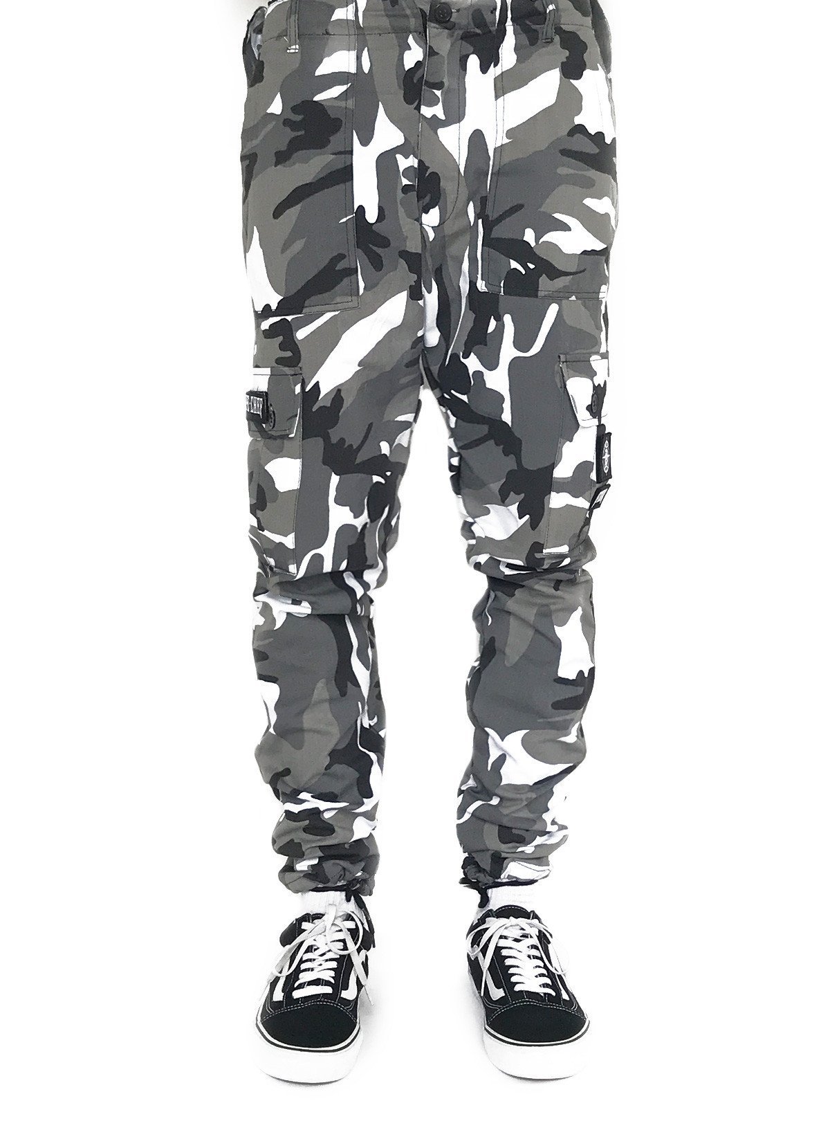 grey and white cargo pants