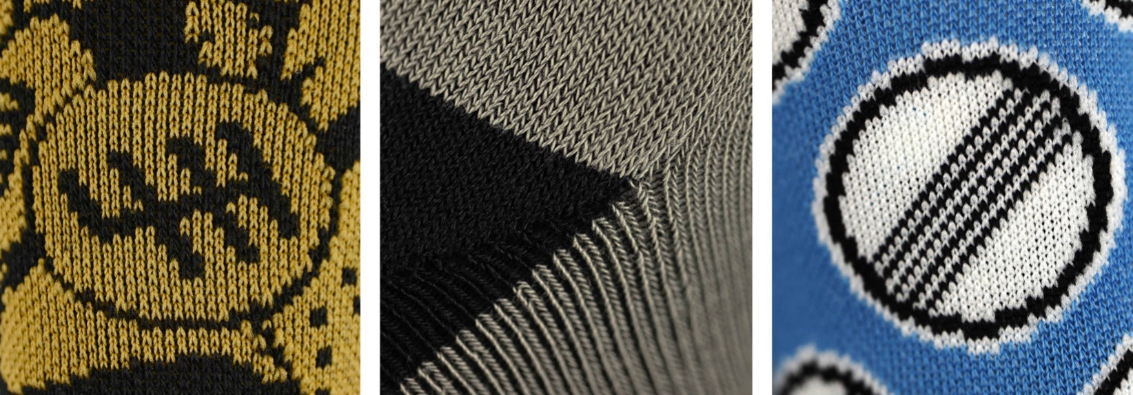 Detail close-up photos of the three socks.