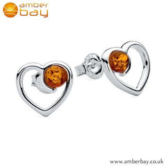 Sterling Silver Baltic Amber Heart Stud Earrings