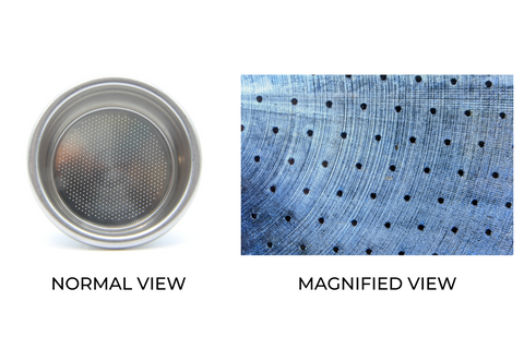 side by side view of filter basket at normal size and magnified view