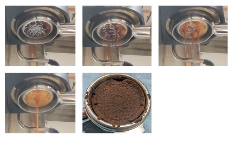 extraction of untamped shot of espresso and view of puck