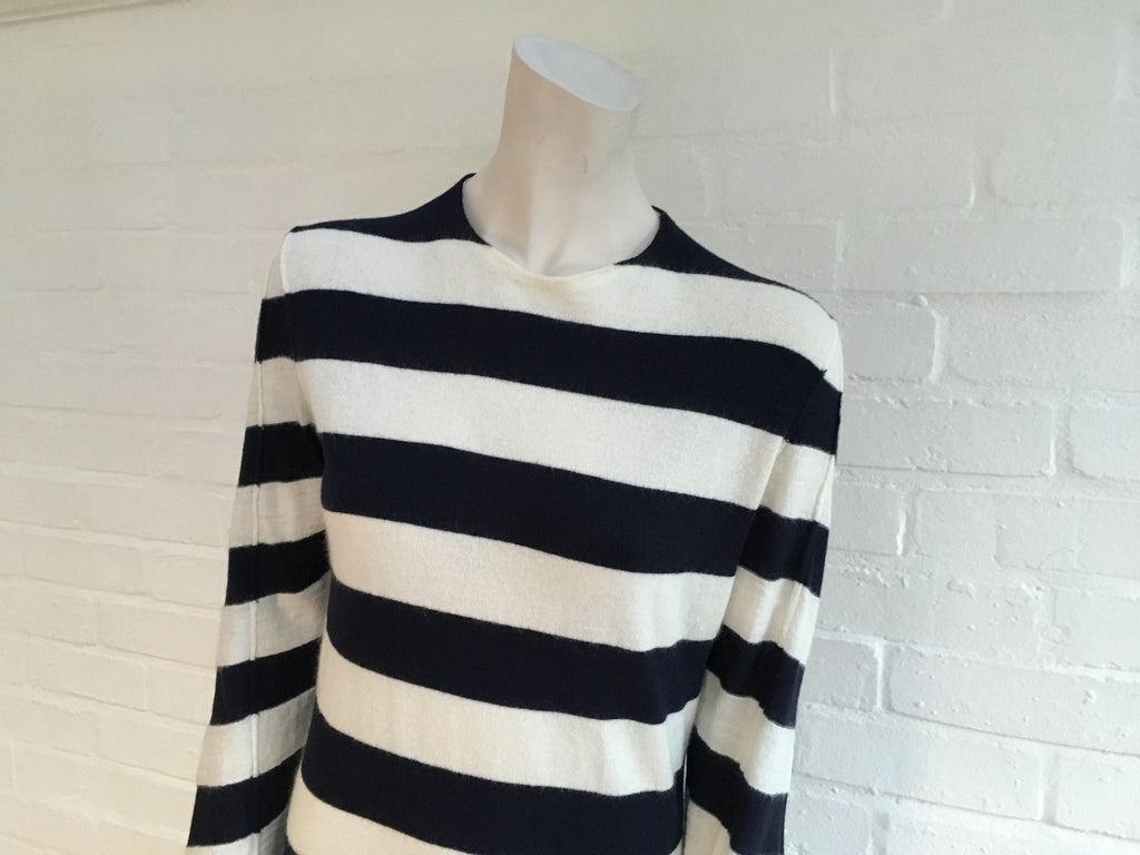 CÉLINE Celine Phoebe Philo CREW NECK NAVY & WHITE INTARSIA STRIPED WOO ...