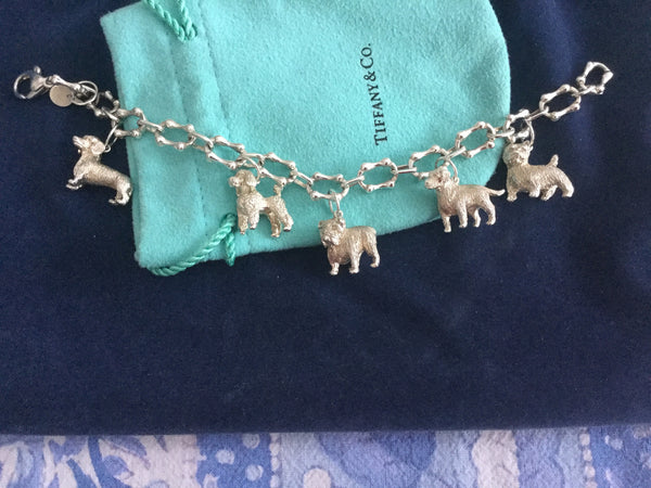 Tiffany  Co Silver Dogs Poodle Westie Retriever Charm Bracelet Bangle   Afashionistastore