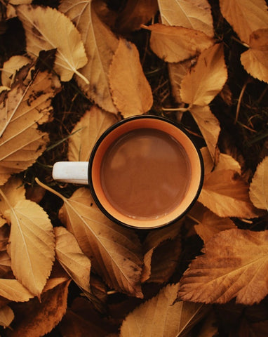 A cup of coffee on top of a pile of leaves. 