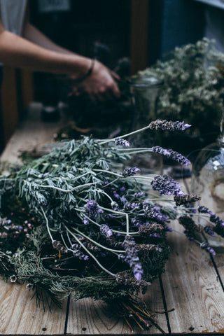 A bundle of lavender on a table.