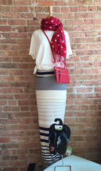 stripe maxi skirt, white vneck tee, red scarf & crossbosy with sandals