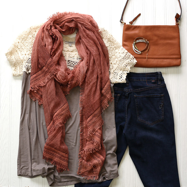 rust, taupe, & denim outfit