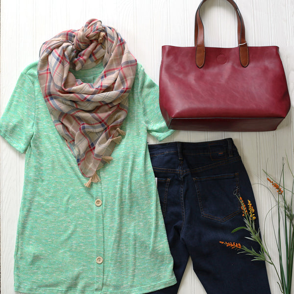 mint, burgundy & denim outfit