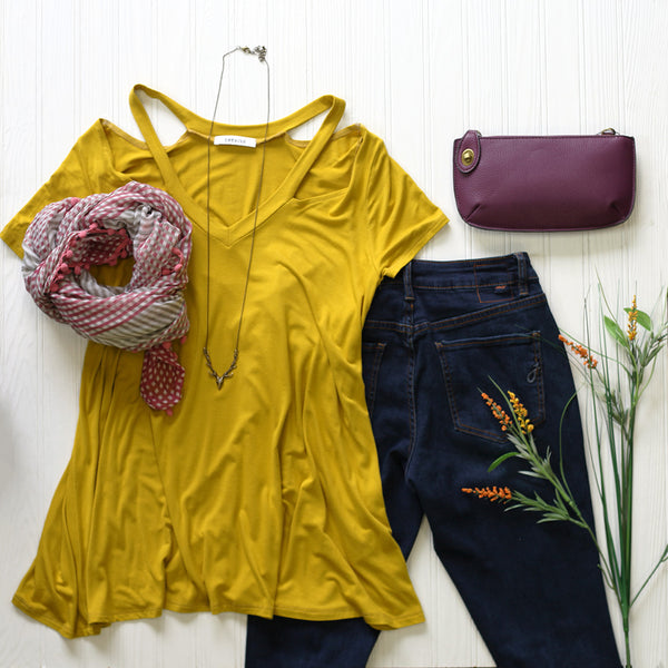 mustard, pink, & plum outfit