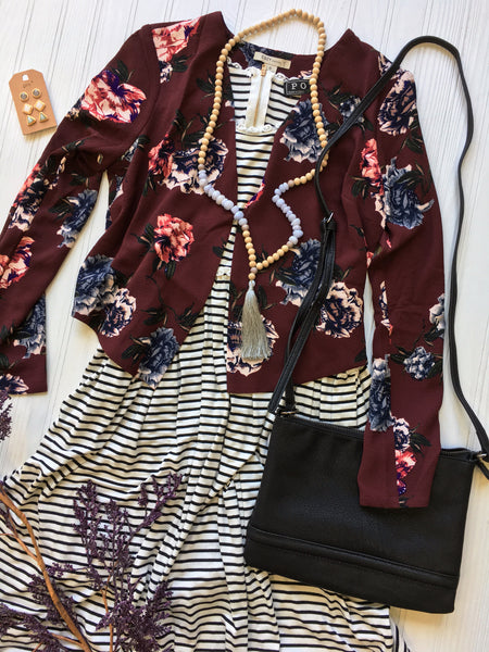 stripe dress with burgundy floral blazer & accessories