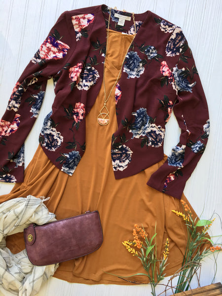 Broze tunic under Floral blazer with accessories