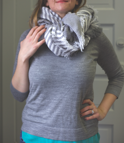 scarf tied and worn as an infinity scarf
