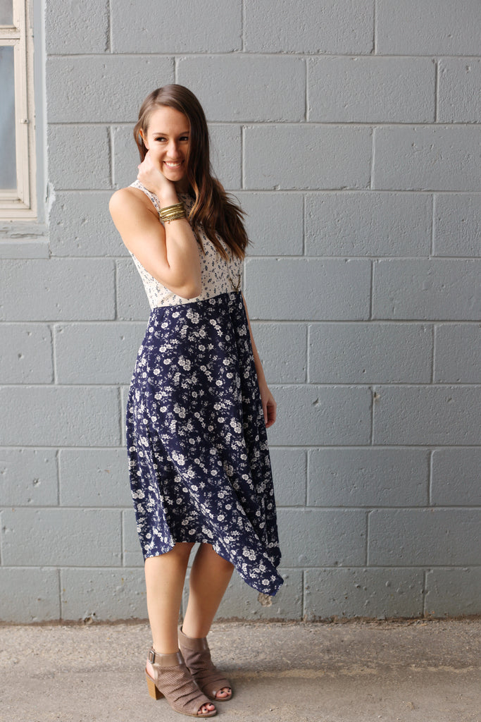 modeled outfit,, floral print midi dress in navy and ivory
