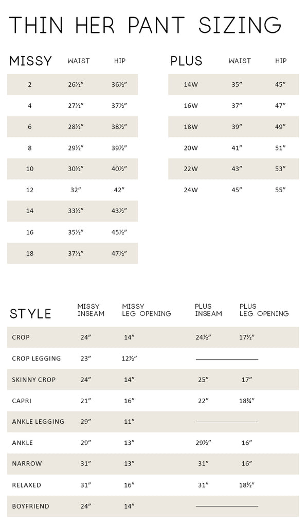 Size Charts, K.E.Y. Boutique