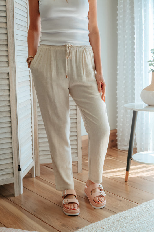 womens linen oatmeal cream drawstring high rise loose pant