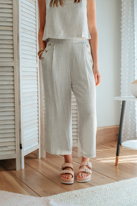 womens pinstripe high rise button nautical sailor pant linen summer