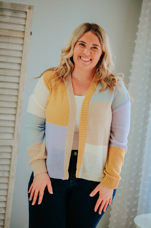 color block light knit long sleeve cardigan spring pastel hem and thread
