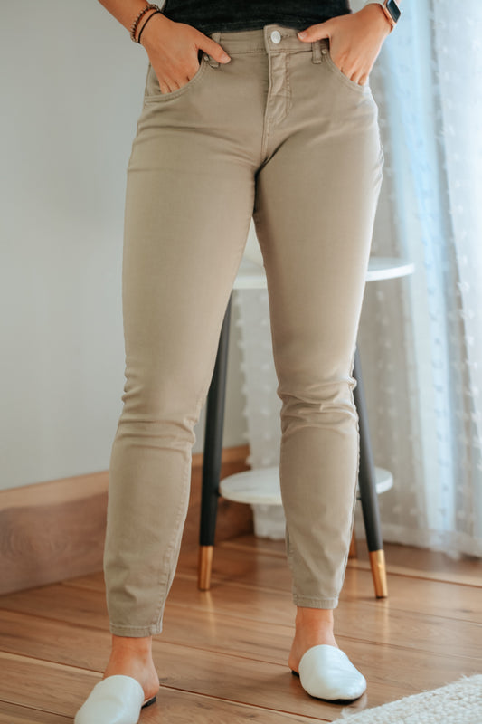 womens mid-rise taupe twill skinny jean fall